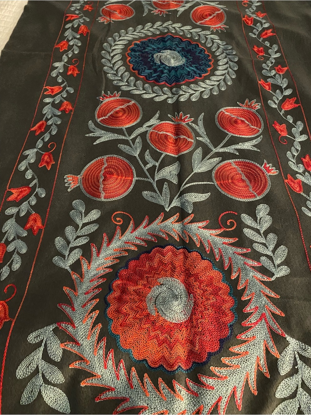 NakedCashmere Black Scarf with Red and Silver Embroidered Floral Medallions